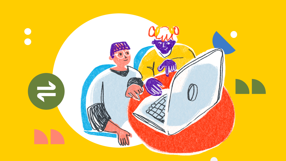 Illustration with two students looking into a laptop.