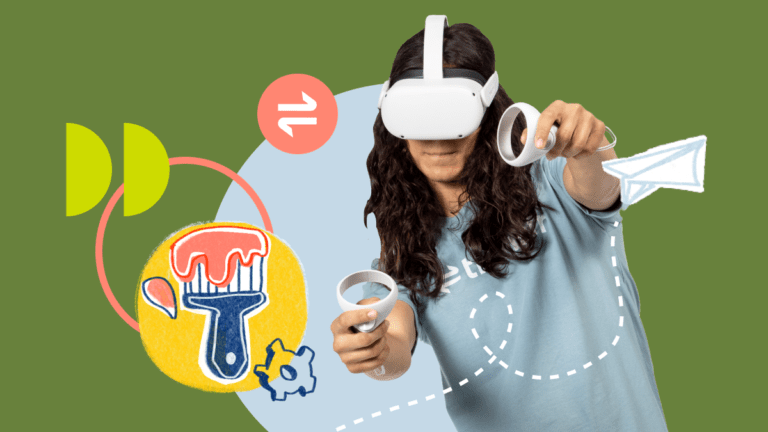 person using VR headset and hand controlled, illustration of paintbrush and paper airplane