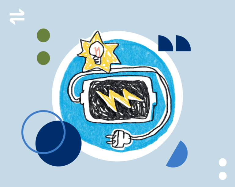 Stylized drawing of battery with lightning bulb on it and wire coming out of it.