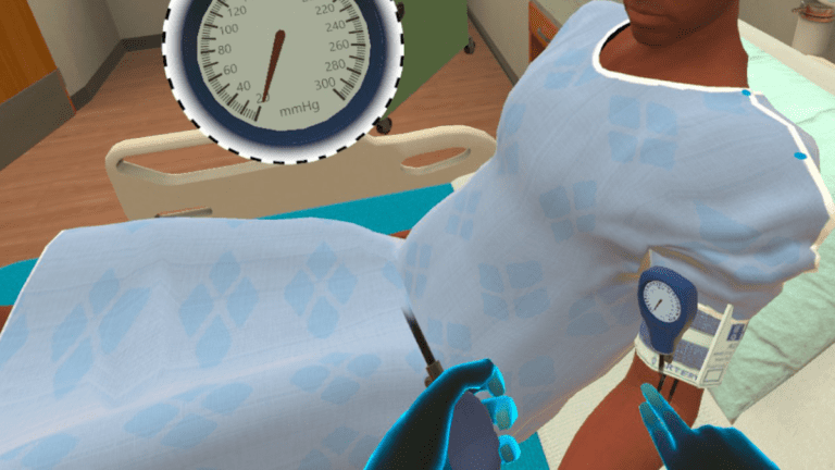 3D VR simulation image of a virtual patient in a hospital bed having their blood pressure taken