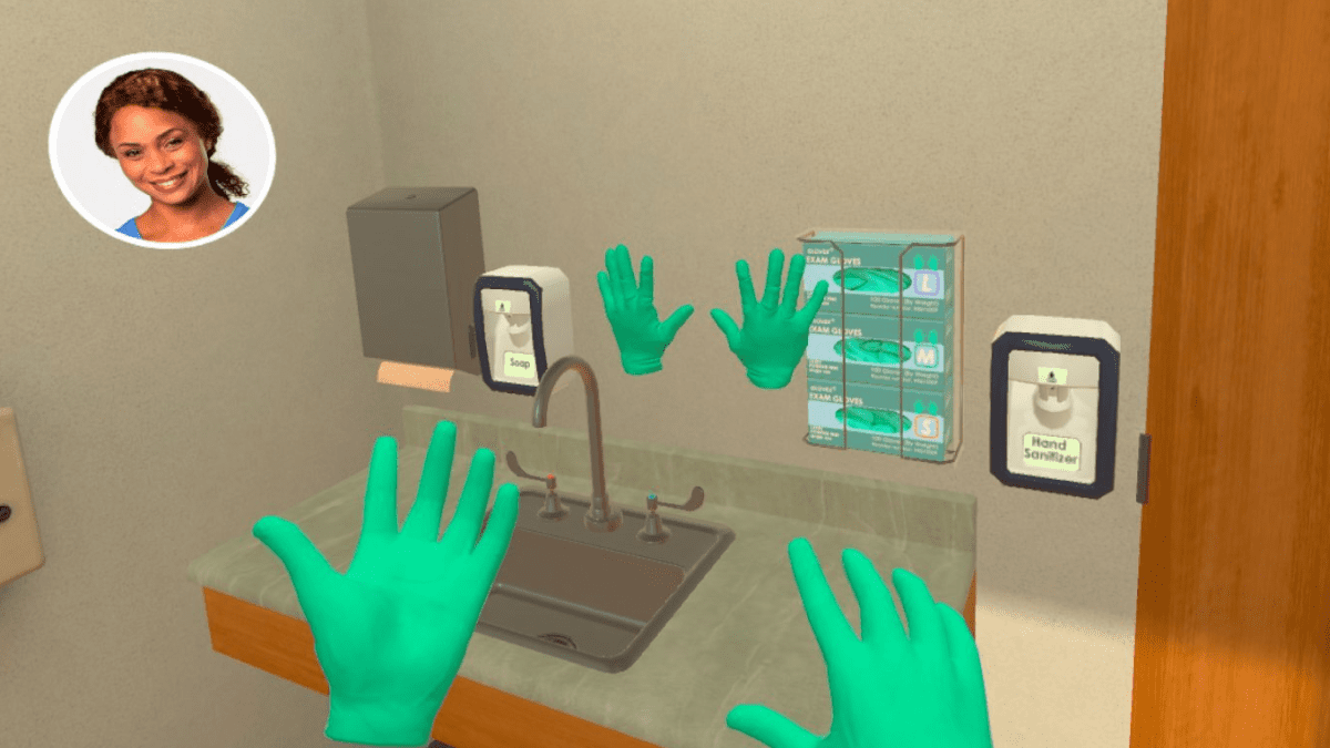 simulated VR 3-D images of gloved hands with AI instructor in upper-left corner