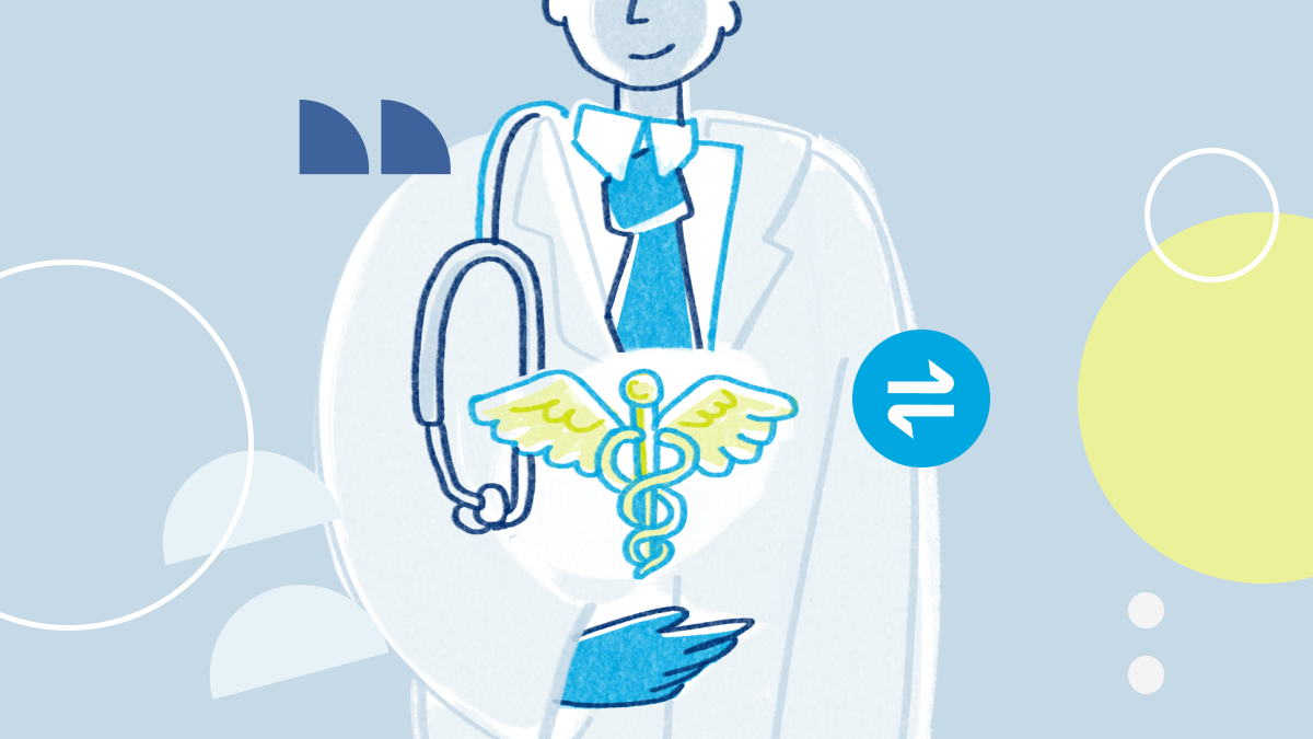 figure in white lab coat holding a caduceus