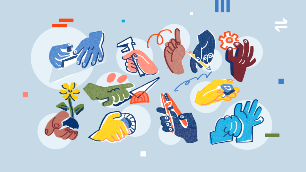 A collection of illustrations of hands manipulating a variety of tools.