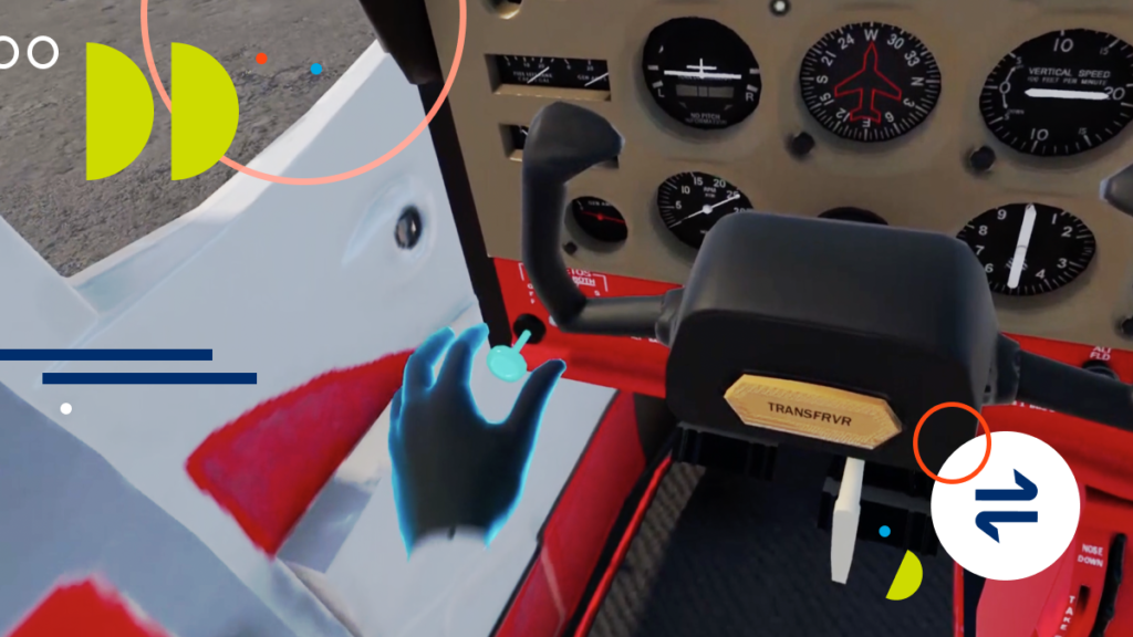 A VR view of an airplane cockpit with control yoke and two VR hands.