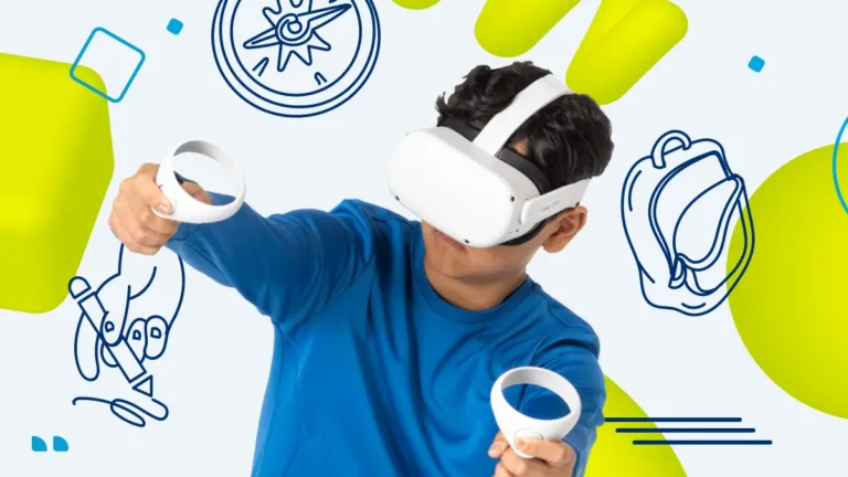 person in a blue shirt with VR headset on using controllers
