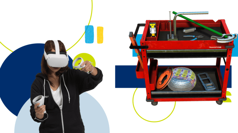 A person with a VR headset on holding controllers next to a cart filled with electrician's tools.