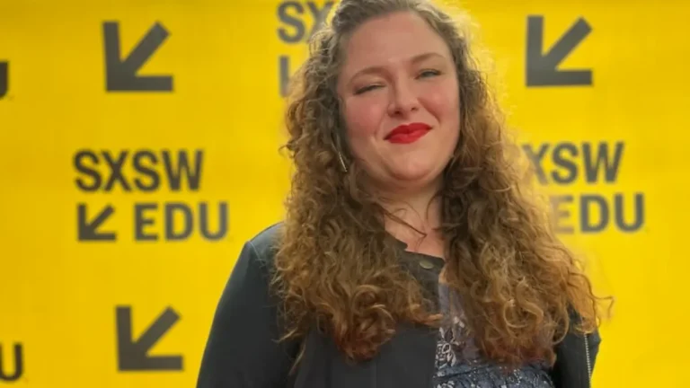image of a woman against a yellow SXSW background