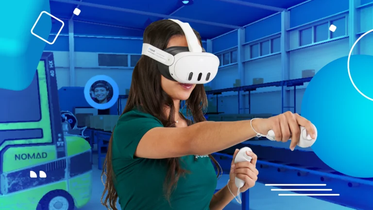 A person using a VR headset in front of a blue background showing VR background imagery of an auto shop.