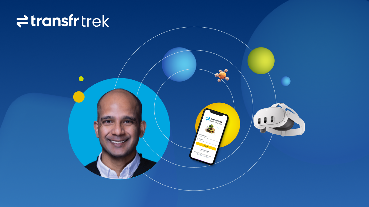 a picture of Transfr CEO Bharani Rajakumar in a circle with a picture of a phone showing Transfr Trek screen and a VR headset on a blue background